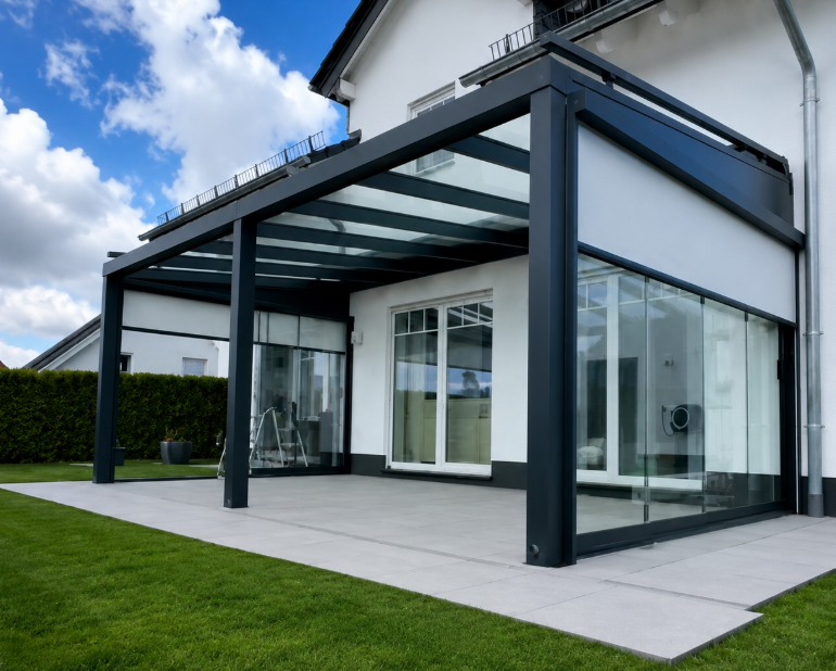 Modern glass-roof aluminum pergola attached to a residential home