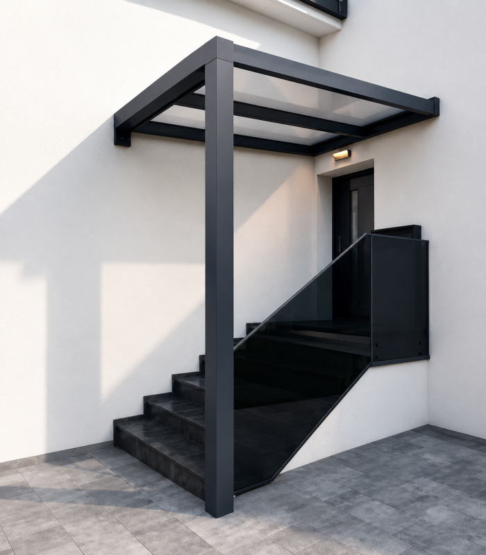 Black aluminum entrance canopy with glass roof above exterior stairs